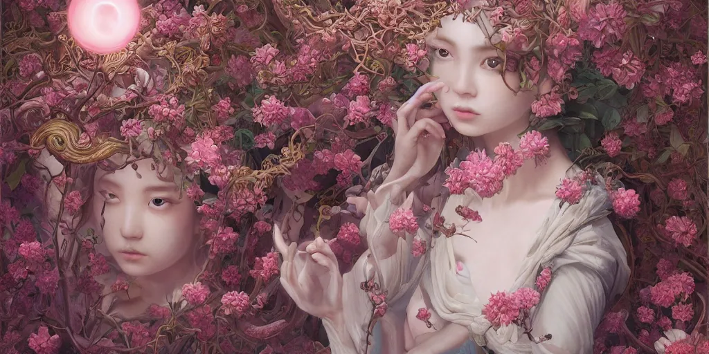 Image similar to breathtaking detailed weird concept art painting of the goddess of light pink flowers, orthodox saint, with anxious, piercing eyes, ornate background, amalgamation of leaves and flowers, by Hsiao-Ron Cheng, James jean, Miho Hirano, Hayao Miyazaki, extremely moody lighting, 8K