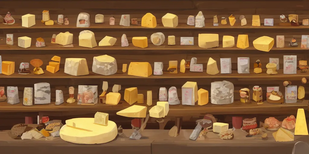 Image similar to fantasy cheese shop interior with shopkeeper