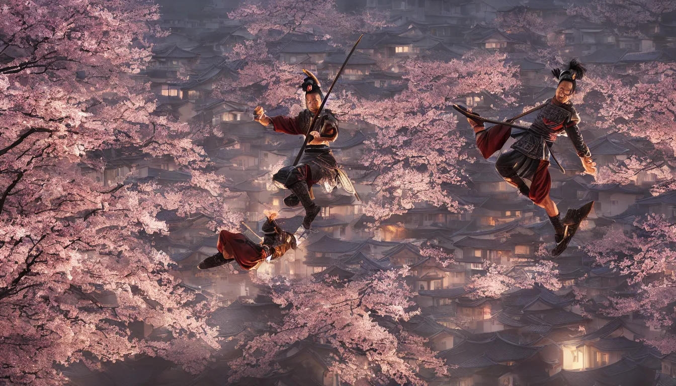 Image similar to samurai, jumping across rooftops, in a Japanese village, night time, surrounded by cherry blossom trees, highly detailed, stunning photo, cinematic lighting, perfect, 8K, ultra-detailed , Trending on artstation, Octane render, Unreal Engine,