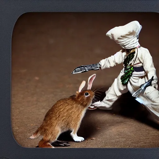 Prompt: humanoid bunny kills two humanoid rats with a knife in morocco style, 4k, HD, polaroid