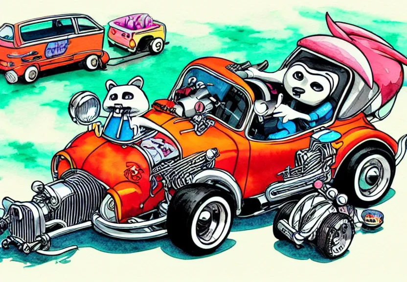 Image similar to cute and funny, racoon riding in a tiny hot rod coupe with oversized engine, ratfink style by ed roth, centered award winning watercolor pen illustration, isometric illustration by chihiro iwasaki, edited by range murata