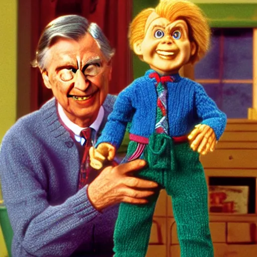 Image similar to Mr. Rogers holding a Chucky doll from the movie Child's Play from 1988 highly detailed 8k hdr