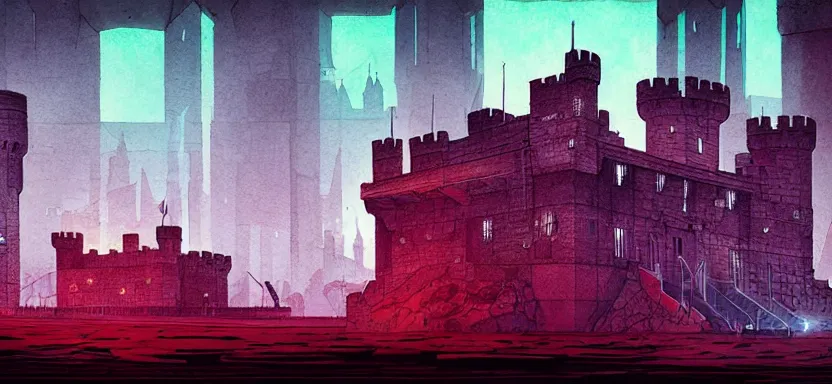 Image similar to handmade illustration of sieged small medieval castle, line art, octane render with volumetric lighting, watercolor by Kilian Eng and by Jake Parker,, futurisitic boxing gym weight room in bladerunner dystopia future, neon radioactive swamp