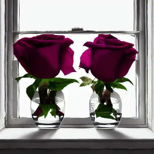 Image similar to The image would feature a windowsill with two vases, one containing a red rose and the other containing a blue violet. The natural light from the window would be shining in on the scene. Trending on artstation