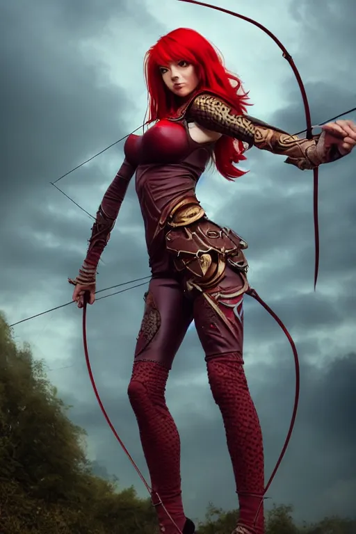Prompt: Female archer, dnd, d&d, leggins, red skintight leather armor, red hair, Low-Angle, visible face!, beautiful face!, alluring, D-cup, toned derriere, high fantasy, realistic!, extremely detailed, matte painting, by wlop and Frank Franzzeta, artstation, cgsociety