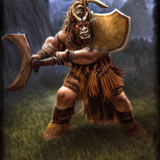 Image similar to Tauren wielding two handed axe, taurens project, warcraft, deviantart, pinterest, behance, dark fantasy