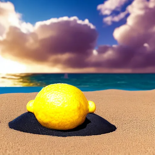 Image similar to 5 0 mm photograph, of a real anthropomorphic lemon character, with lemon skin texture, it is wearing a hat and scuba diving, building a sandcastle on the beach at sunset, beach, huge waves, sun, clouds, tropical trees, rim light, cinematic photography, professional, sand, sandcastle, volumetric lightening