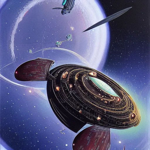 Prompt: a highly detailed painting of an intricate alien starship flying towards a black hole in space by Les Edwards,