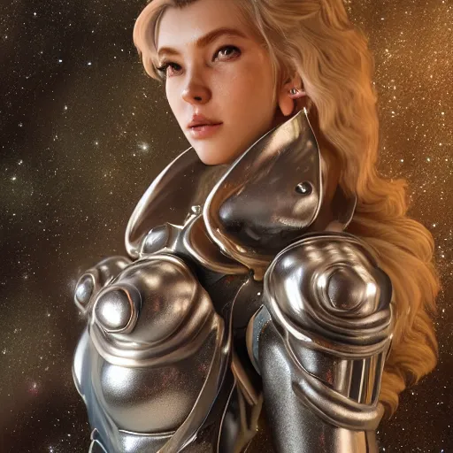 Prompt: portrait of barbarella queen of the galaxy, silver space suit, intricate, bloom, detailed, volumetric lighting, sharp focus, photorealism, highly detailed, concept art, unreal engine 5 rendered, octane rendered, art style by klimt and nixeu and ian sprigger and wlop and krenz cushart