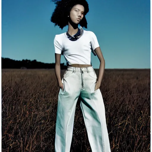 Image similar to realistic!!! photoshoot for a new dior lookbook, color film photography, portrait of a beautiful woman, location on a open field, in style of tyler mitchell, 35mm