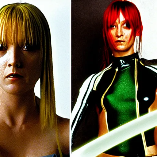 Image similar to leeloo from fifth element fighting beatrix kiddo from kill bill with mantis blades in cyberspace