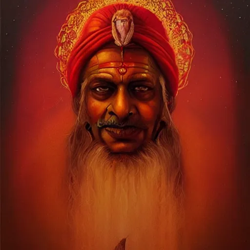 Image similar to wise old Indian guru, red and gold, by Anato Finnstark, Tom Bagshaw, Brom