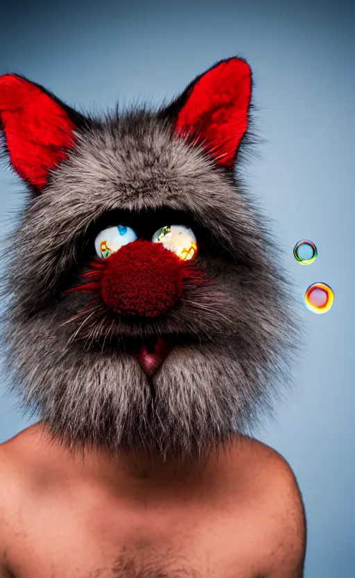 Image similar to An award winning photograph of a blue-eyed furry creature, red fur, with a large purple mustache, large eyes, bubbles in the air, wheels for hands, studio lighting, medium shot, Sigma 85mm, 8k