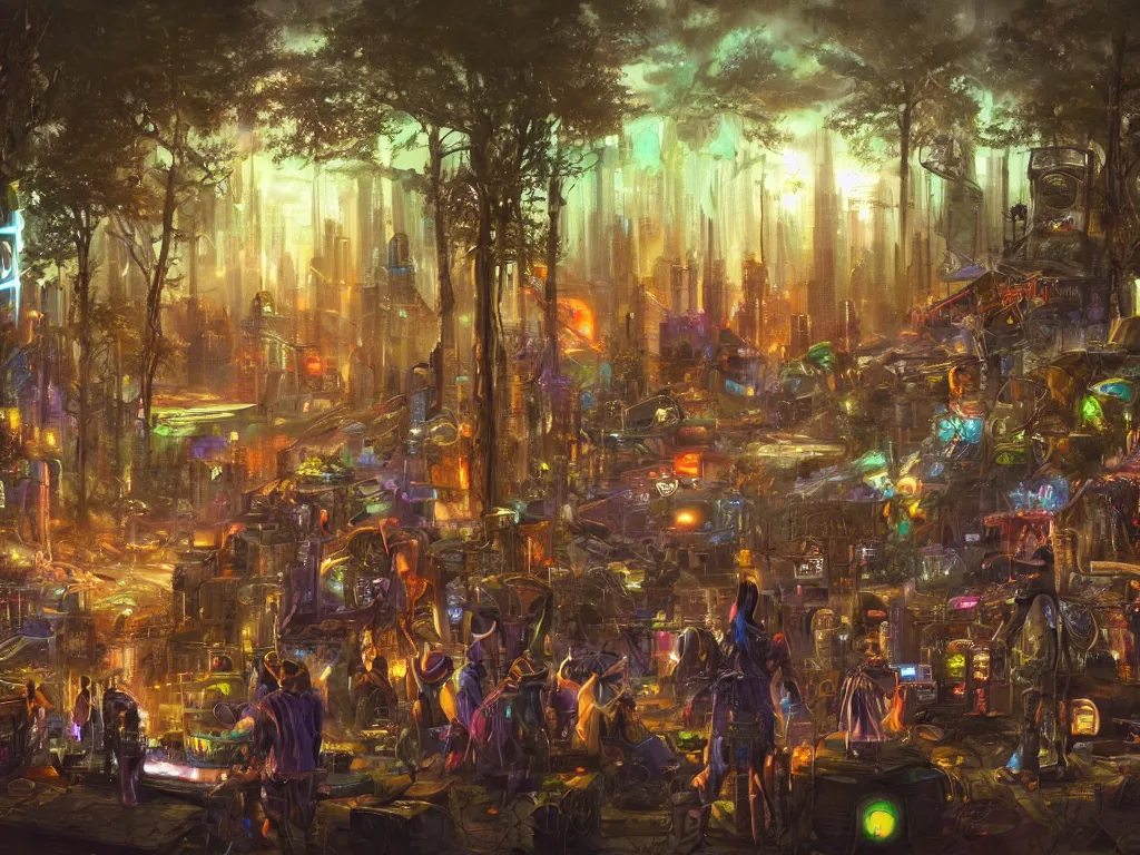 Prompt: a hyper realistic oil painting of a mystical cyberpunk tribe gathering at a magical location in the forest lit by fire and intense laser lights extreme wide angle view from a disk jockey's point of view