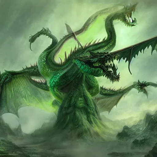 Prompt: a green ((dragon)), with multiple heads, as a hydra. cinematic lighting, fantasy concept art by Rembrandt and Da Vinci, Tolkien and michael komarck