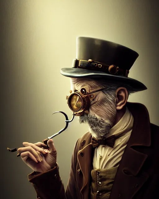 Image similar to steampunk old man portrait, handsome, steampunk hat, detective coat, steampunk monocle, smoking pipe, hyper realistic 3 d render by ilya kuvshinov, peter mohrbacher, greg rutkowski, ryohei hase, dramatic lighting, intricate, highly detailed, sharp focus, luminous, unreal engine, blender, deviant art, masterpiece, ray tracing