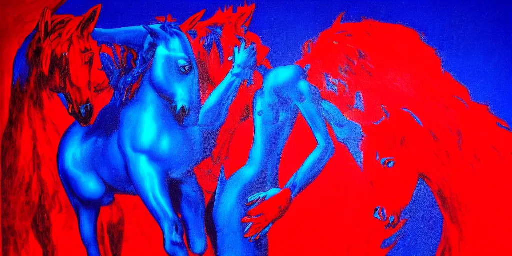 Prompt: blue ney motogrosso in love with a red stallion, too many hands in all directions, too many teeth, too many eyes, in hoc signo vinces, waterfall, in the style of gottfried helnwein, high contrast chiaroscuro, intricate composition, blue light, insanely quality, highly detailed, masterpiece, red light, artstation