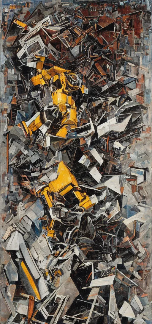 Image similar to a human falling into a big robot mouth, destruction, azimov