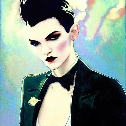 Image similar to stunning portrait of androgynous ruby rose as desire from sandman in a white tuxedo!!!, rockabilly style, by jeremy mann, by alphonse mucha, by peter lindbergh, dave mckean, by frank moth, white suit and black tie, soft lightning, high detailed, 8 k