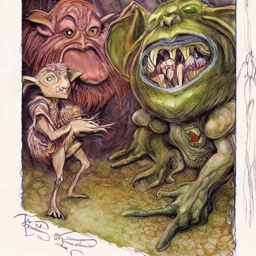 Image similar to fantasy illustrations and concept art for jim henson's labyrinth goblins by brian froud