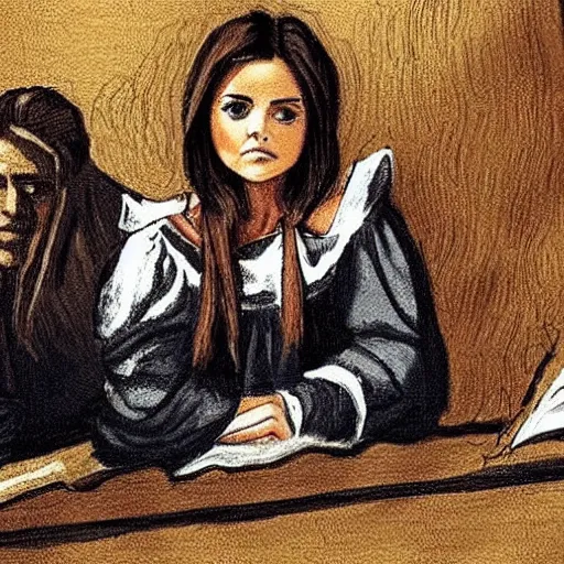 Prompt: jenna coleman on trial accused of being a witch. in the courtroom at a witch trial. 1 7 th century painting.