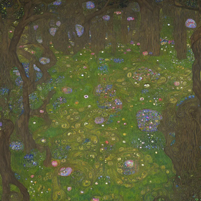 Image similar to ancient overgrown! ruins, medieval gates, runestones!, mysetrious etherial mesmerizing runic!!!, catlike, magical elven geometry, concept art by gustav klimt!, deviantart contest winner, environmental art, indigo flower meadow, fairy circles, lit by moonlight!!, high detail, intricate masterpiece