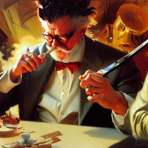 Prompt: colonel sanders destroying mcdonald, highly detailed painting by gaston bussiere, craig mullins, j. c. leyendecker, 8 k