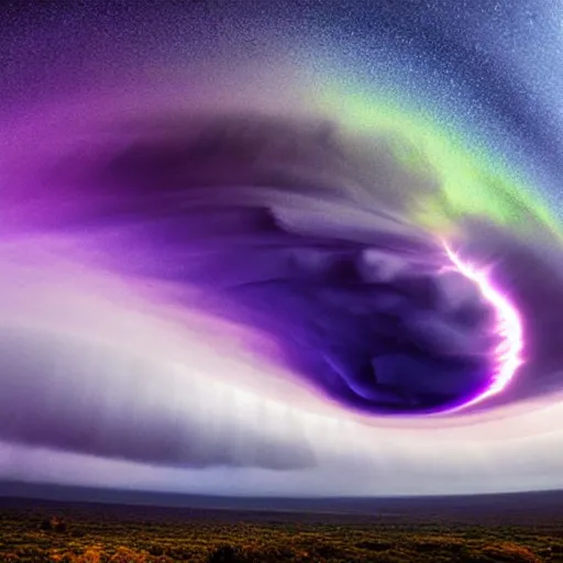 Image similar to amazing photo of a purple clouds in the shape of a tornado by marc adamus, beautiful dramatic lighting