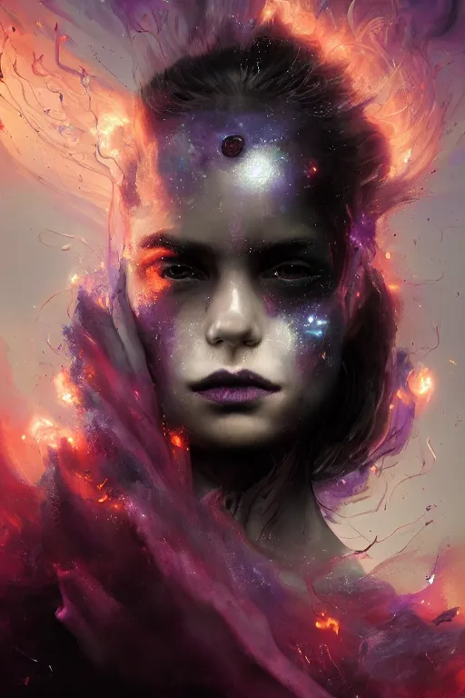 Image similar to a beautiful portrait of a young cosmic Demon women covered in deep purple flames with an intense look on her face by Greg Rutkowski, Sung Choi, Mitchell Mohrhauser, Maciej Kuciara, Johnson Ting, Maxim Verehin, Peter Konig, Bloodborne , 8k photorealistic, cinematic lighting, HD, high details, atmospheric , trending on artstation