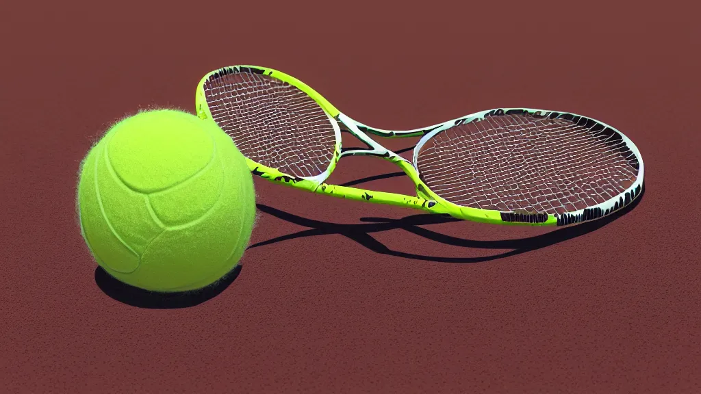 Image similar to a 3D render of a tennis racket, laying on top of a tennis ball in the dessert, high contrast, highly detailed, sharp focus, digital painting, 3D art, illustration, trending on artstation,