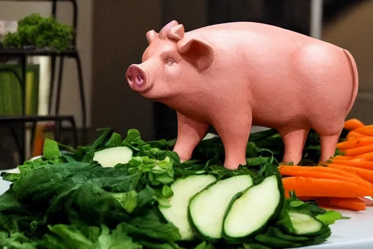 Image similar to a fake pig donald trump on top of vegetables on a table, a bronze sculpture by jeff a. menges, trending on pinterest, hyperrealism, hyper - realistic, hyper realism, playstation 5 screenshot