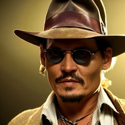 Image similar to johnny depp as indiana jones, cinematography lighting