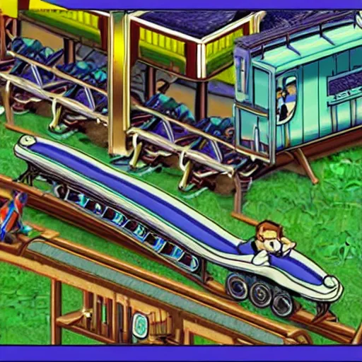 Prompt: alfred e. neumann rides in roller coaster tycoon