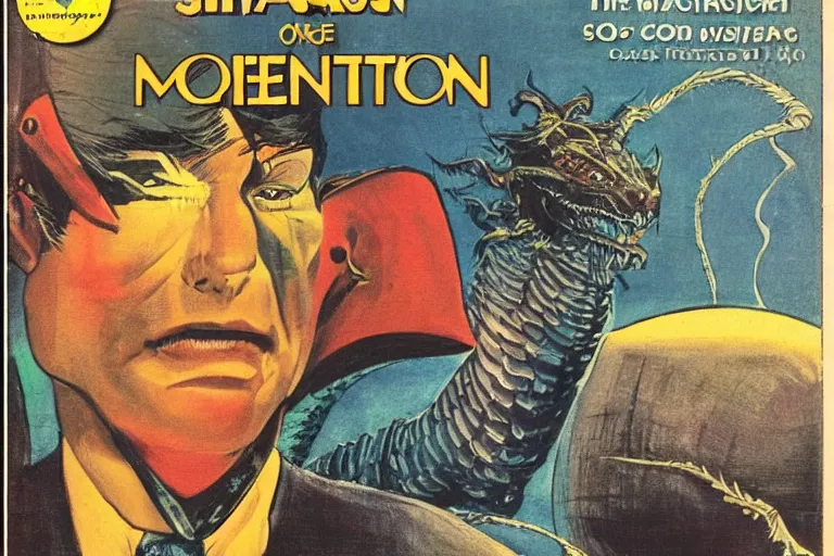 Image similar to 1 9 7 9 science fiction monthly cover depicting great dragon in a suit as a news anchor talking head. perfectly symmetrical face, highly detailed, masterpiece.