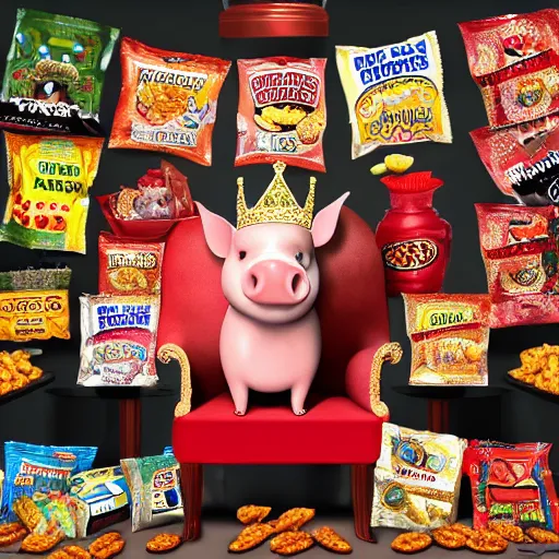 Image similar to photo realistic pig king on throne surrounded snack food bags, realistic, award winning, cinematic