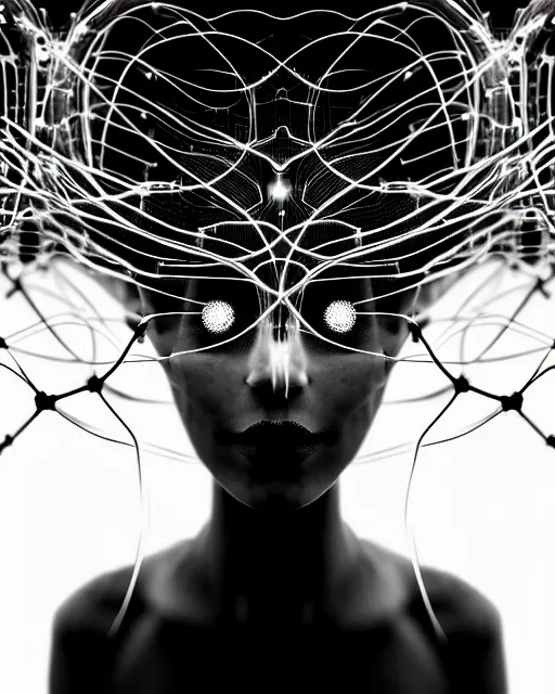 Image similar to black and white dreamy spiritual connected young female cyborg - plant goddess high quality photo, microchip, artificial intelligence, bio - mechanical bio - luminescence, black wired cables, neurons, nerve cells, cinematic, rim light, photo - realistic, elegant, high detail, 8 k, masterpiece, high fashion