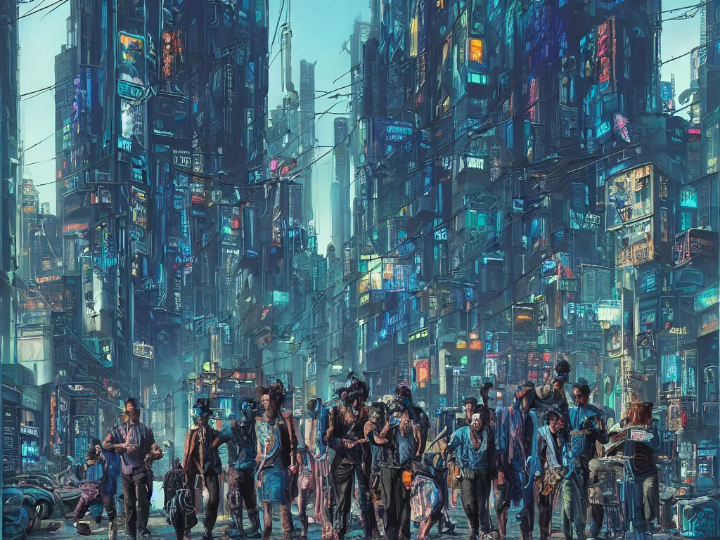 Prompt: a hyperrealistic and beautiful matte painting of a cyberpunk gang on the streets of a lofty city, gritty, cyberpunk ads, piping, cables, art deco architecture, graffiti, fine detail, intricate, polished, blue color scheme, cinematic lighting, digital art, illustratioin, by john smith, noriyoshi ohrai