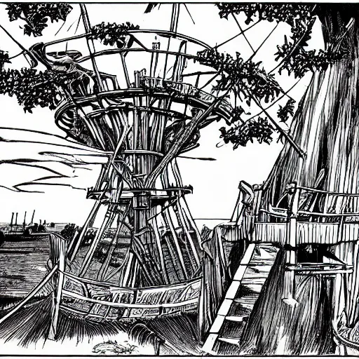 Image similar to brigantine pirate ship with an observation tower, and a large fruit tree on its deck smooth, sharp focus, high contrast, colourful, graphic novel, art by ralph bakshi and dave sim and frank quitely and moebius and jeff smith,