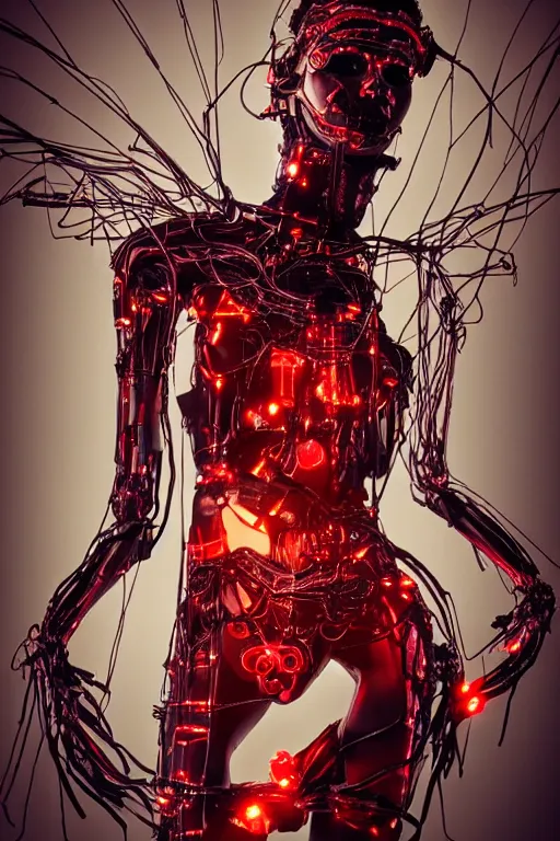 Image similar to full-body cyberpunk style sculpture of a young beautiful dark priestess, half android with a head opening exposing circuitry, glowing red eyes, black roses, flowing blood red colored silk, fabric, candles, baroque elements, human skull, full-length view, baroque element. intricate artwork by Caravaggio. crows flying in background. Trending on artstation, octane render, cinematic lighting from the right, hyper realism, octane render, 8k, depth of field, 3D