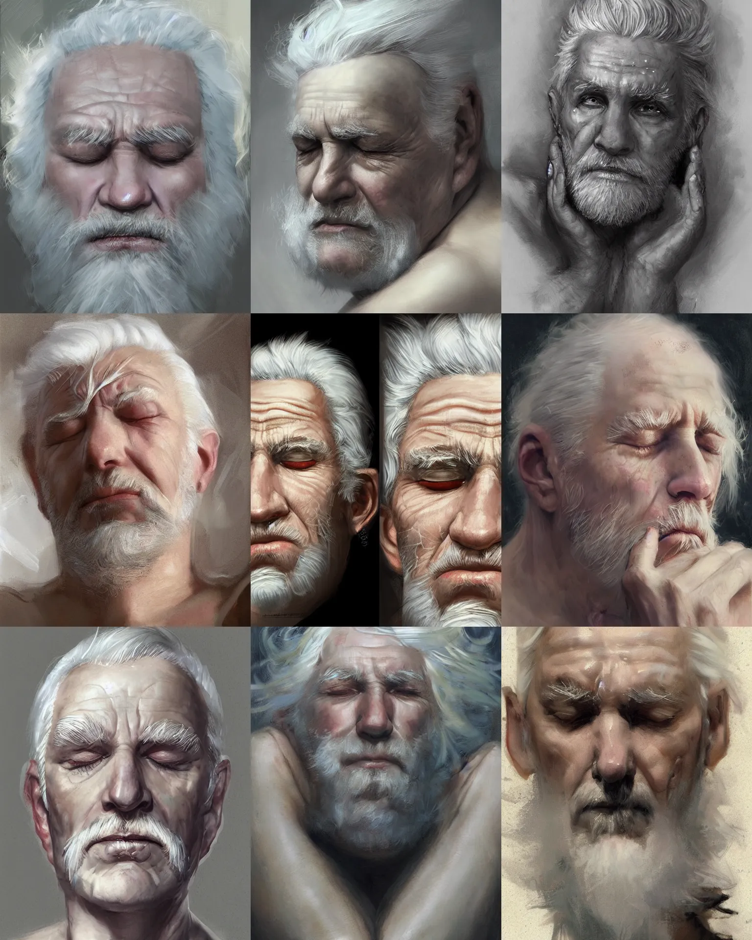 Prompt: portrait of a sleeping old man, white hair, porcelain skin, tattoos on his face, by daniel gerhartz, trending on artstation