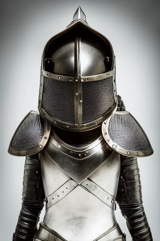 Image similar to medieval female knight, open helmet, symmetrical, cinematic, elegant, demonic atmosphere, professional studio light, real dlsr photography, sharp focus, armor designed by louis vuitton, 4 k, ultra hd, sense of awe