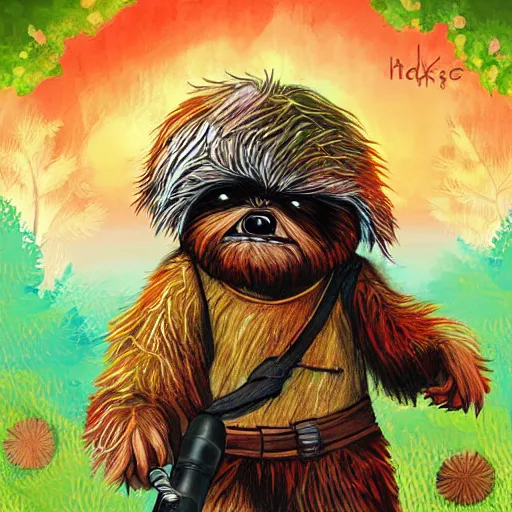 Image similar to cute ewok childrens book cover, colourful, digital art