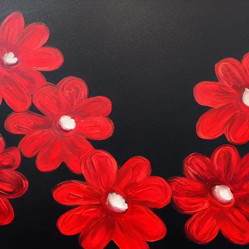 Image similar to oil painting of many various red flowers painted on a black background, the flowers are floating, dark atmosphere, realistic flowers oil painting