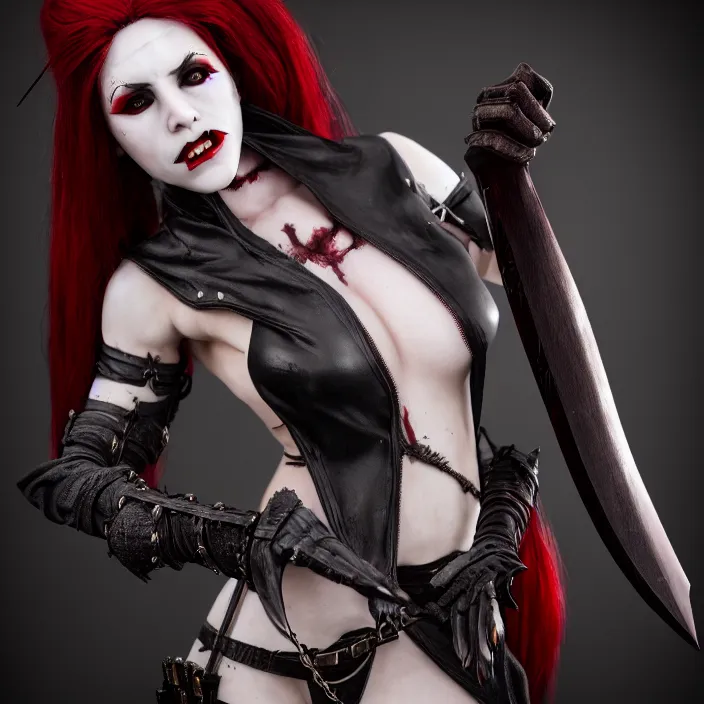 Image similar to photograph of a real-life beautiful! female vampire warrior. Extremely detailed. 8k