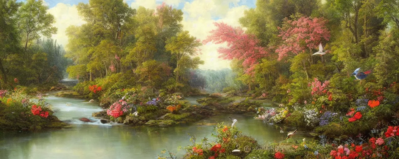 Prompt: a beautiful river running through a forest, flowers, birds, classic painting, award winning, highly detailed