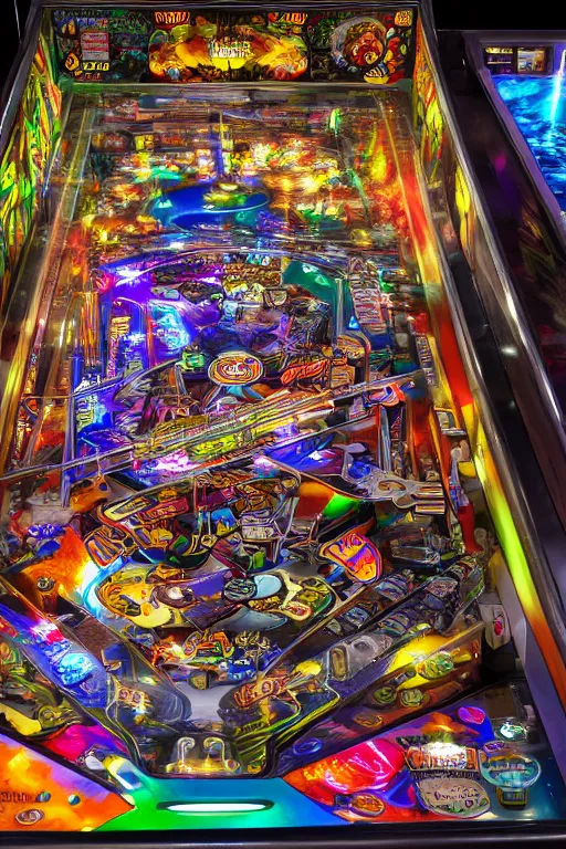 Image similar to a detailed pinball table layout overhead view, game art, realistic digital art, fluorescent colors, halluzinogenic, multicolored, exaggerated detailed, unreal engine