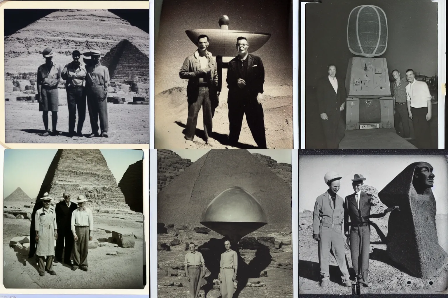 Prompt: 1950s polaroid photo of archaeologists standing next to an ancient egypt alien spaceship