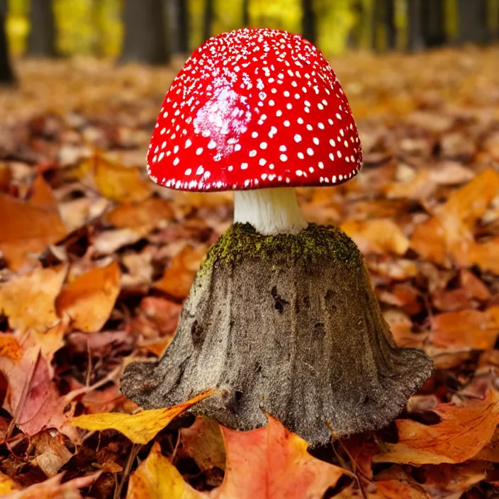 Prompt: an amanita muscaria mushroom in a woodland, leaves, autumn, warm colors, photography, 4 k, bokeh