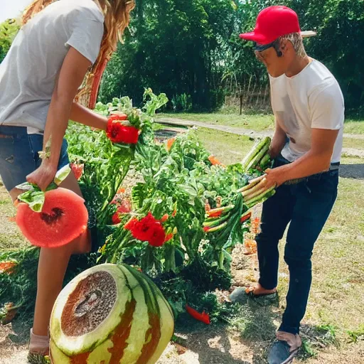 Prompt: the vegetables have their hands full of flowers with mikey serving water and giving away slices of watermelon