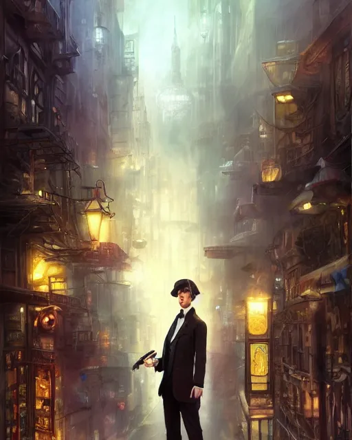 Prompt: portrait of sherlock holmes standing in a futuristic city street, soft colours, detailed, realistic, digital art, by alayna lemmer, by tom bagshaw